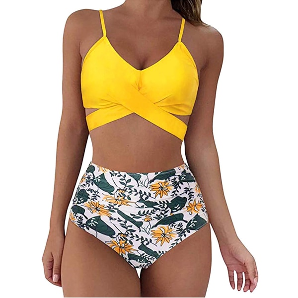 Damer Wrap Bikini Sæt Push Up Høj Talje Todelt Badetøj Split Slange Skind Print Badetøj til Svømning (gul blomst) M