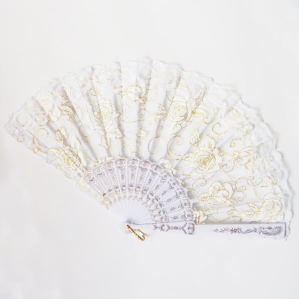 Fällbar fläkt i zigenarstil, fläkt i rosensnörning, lämplig för bröllopsfestdekoration fläkt（Vit）