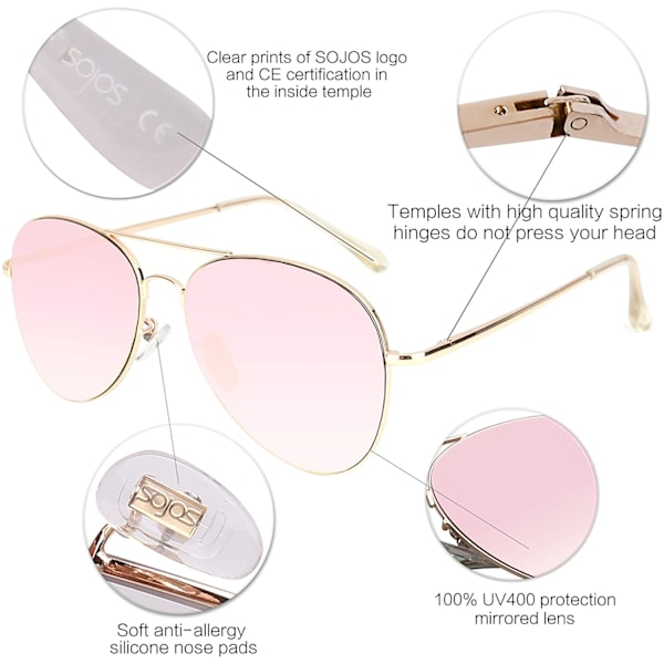 Klassiska Aviator Solglasögon för Kvinnor Män Metallram Fjädergångjärn SJ1030 (rosa)