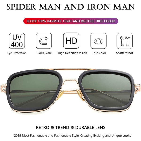Solglasögon Vintage fyrkantig metallram Glasögon för män och kvinnor - Iron Man och Spiderman solglasögon