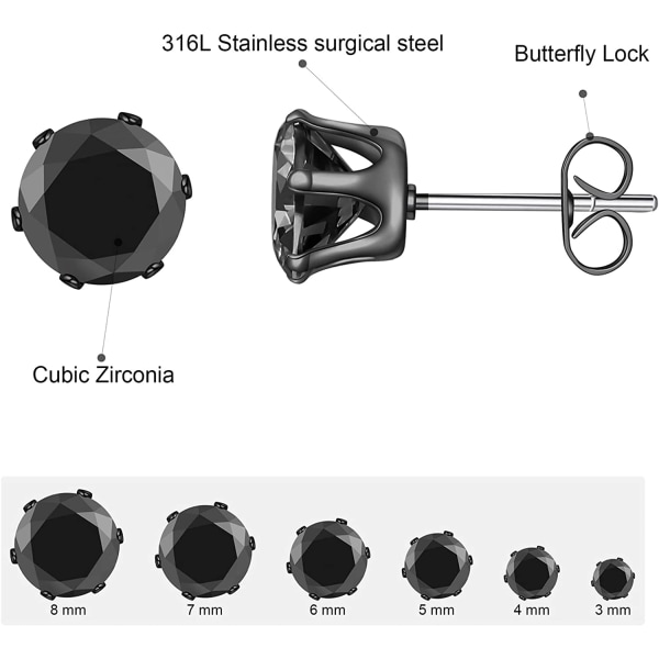 6 par örhängen set, klara kubiska zirkonia 316L rostfritt stål örhängen för kvinnor för män 3-8mm（C svart guld）