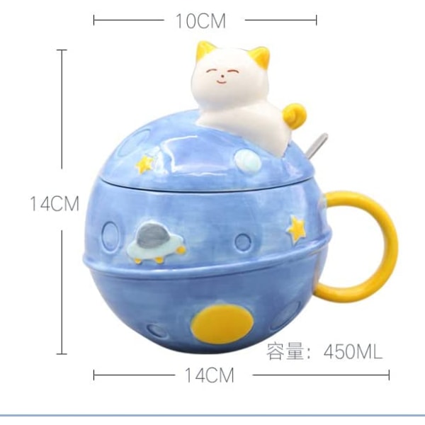 Prinsessmugg med lock 3D-mugg Keramisk kaffekopp Kid Cartoon Mjölkmugg Tekopp Presentkontor Hem (kattutrymme, blå, 450 ml)