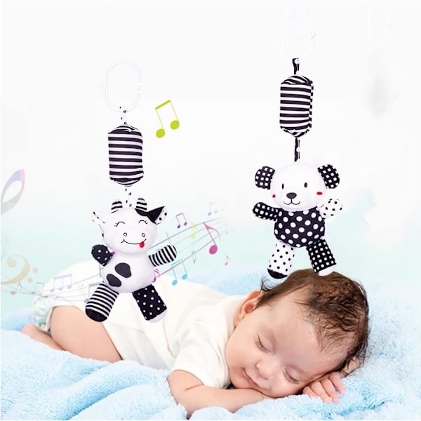 Babyleksaker för bilbarnstol, Svart Vit Barnvagn Leksak Stretch Baby Spiral Plyschleksaker, Hängande Skallror för Spjälsäng Mobil, Sensorisk leksak för nyfödda T Bear Cow