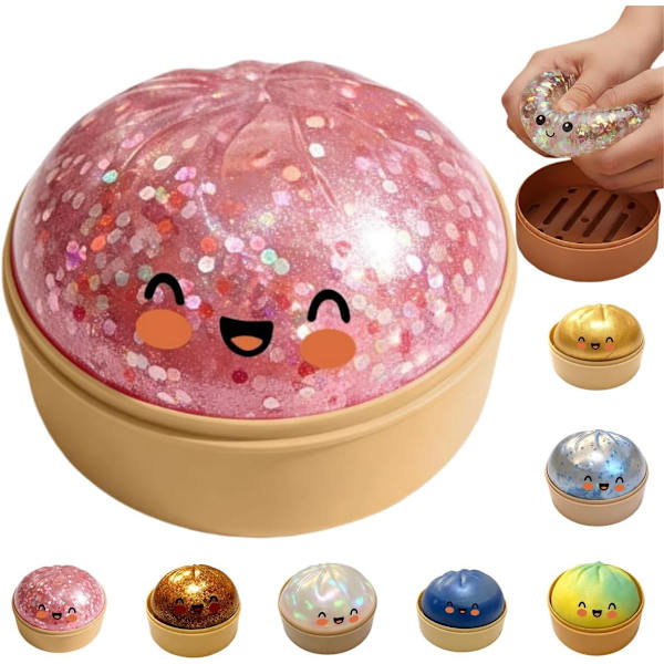 4-tommers Jumbo Glitter Regnbue Dumpling Stressavlastende Sensorisk Leketøy med Dampboks, Sakte-stigende Dekompresjonsdumplings for Voksne og Barn pink