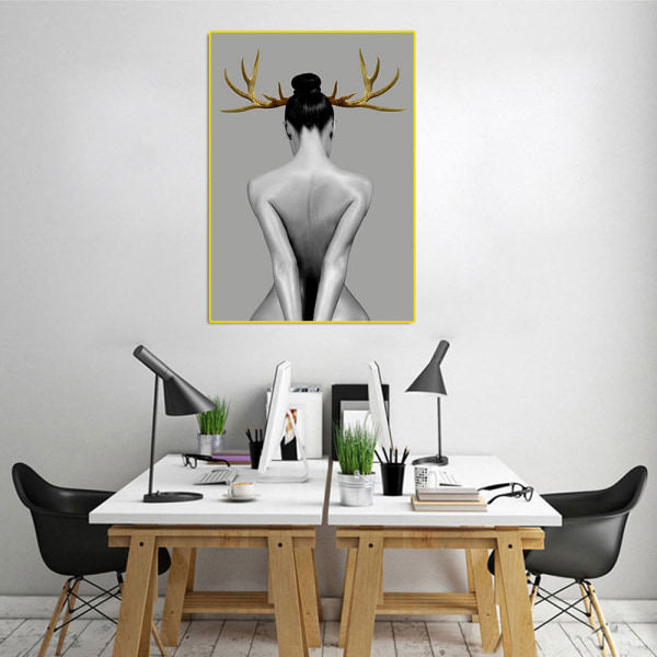 Elk Girl Väggkonst Canvas Tryck Affisch, Enkla Mode Svartvita Karaktärer Konst Ritning Dekor (Set om 2 Oinramade, 20''x28'')