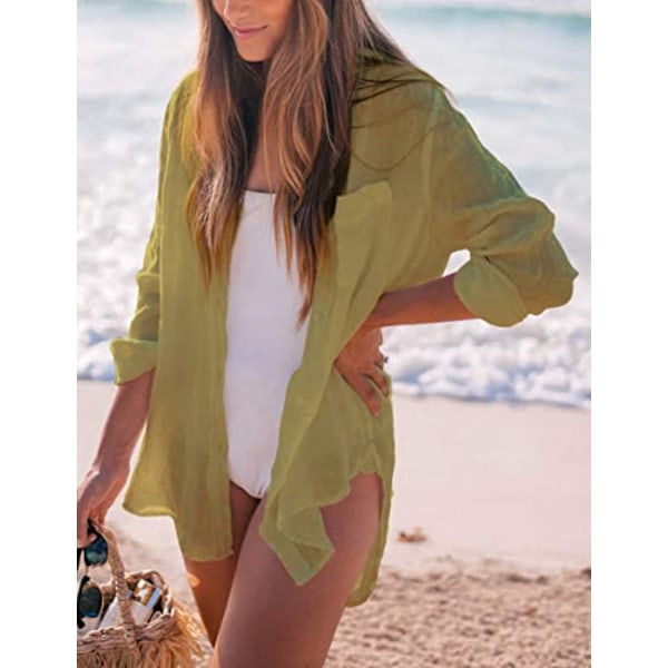 Kvinder Langærmet Strandskjorte Bluser Turn Down Krave Badetøj Cover Ups, G-ginger