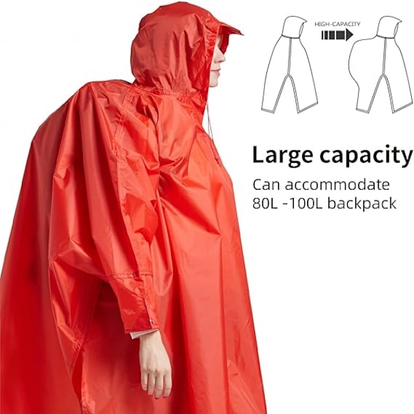 Aikuisten kevyt vedenpitävä hupullinen sadeponcho taskulla - Unisex-sadetakki retkeilyyn, telttailuun ja hätätilanteisiin Red