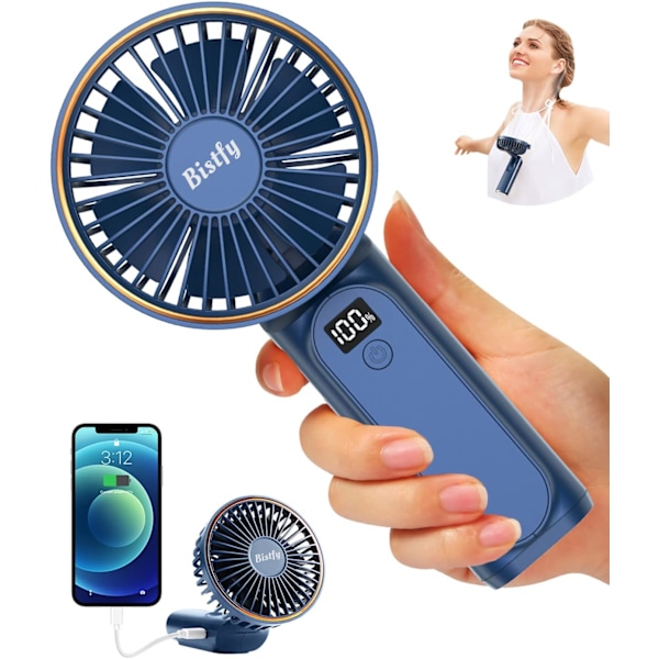 Håndholdt Ventilator, Bærbar Håndholdt Ventilator USB 5200mAh Genopladelig Foldbar Bordventilator, Ultra Støjsvag 6 Hastigheder LED USB C Halsventilator, Håndventilator D Blue