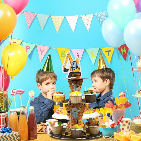 2 st 3-vånings byggtema cupcake-ställ, grävmaskin & dumper dessert displaytorn, kartong serveringsställ för barn bygg 2 PCS