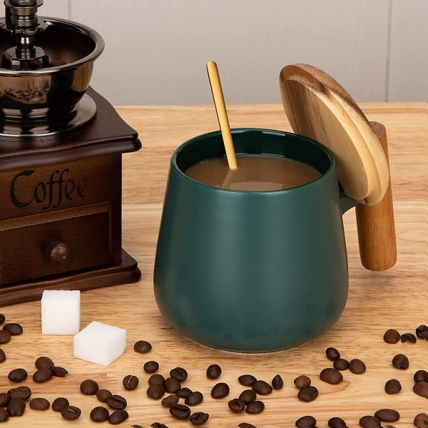 Keramisk kaffemugg, tekopp för kontor och hem, 14 oz kaffekoppar med lock och kaffesked, födelsedag, (grön)