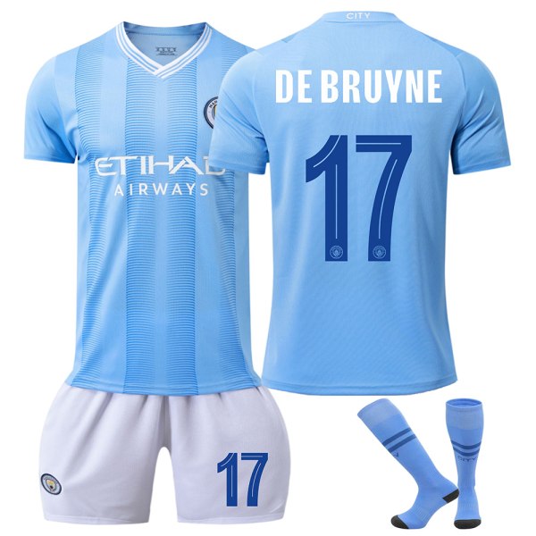 23/24 Champions League-udgave Manchester City fodboldtrøjesæt med sokker 17 DE BRUYNE barnstorlekar20