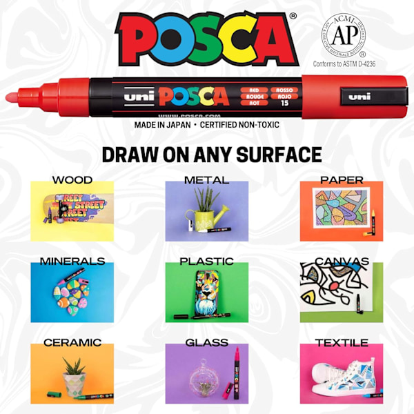 Posca-tussit 5M, Posca-kynät taidetarvikkeisiin, väritystussit - kivitaide, kangastussit, maalikynä, taidetussit Full Range