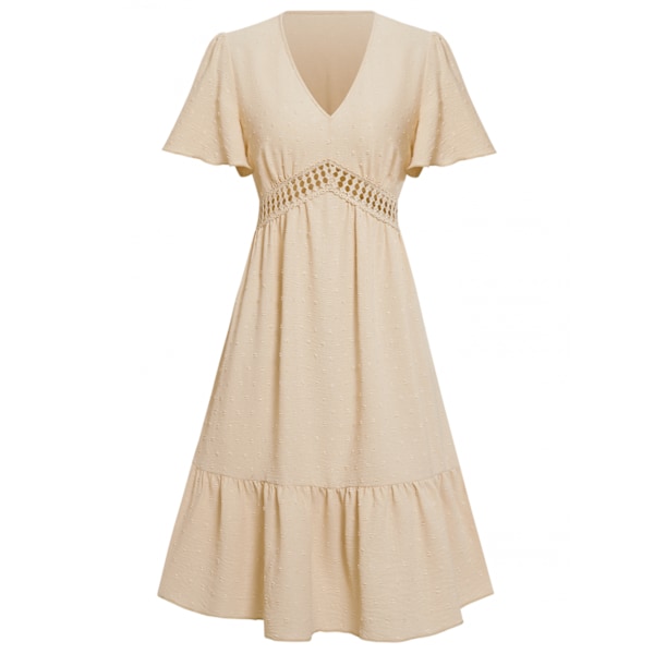 Kvinders Sommer Solid Farve Puff Korte Ærmer V-Hals Elastisk Talje Swing Ruffle A-Linje Midi Kjole (Aprikos S)