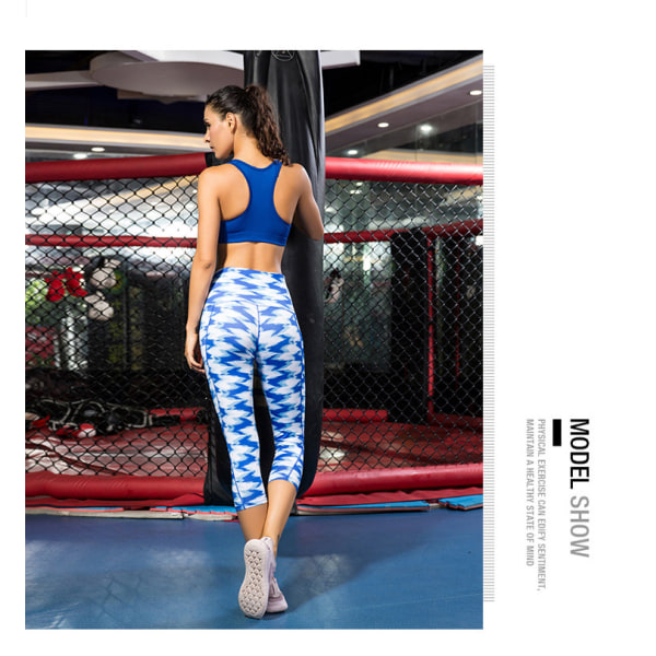 Yoga Sportbyxor Höftlyftande midja Digitaltryck Kamouflage Jacquard Byxor Sports Cropped Byxor (blå)