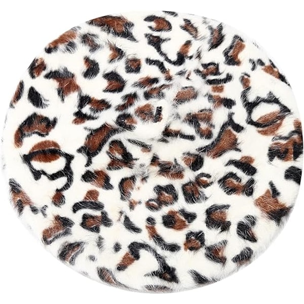 Fluffig Leopardmönstrad Beret Hatt Trendig Gepardmönster Franska Hattar Vintervarm Artistmössa för Dam