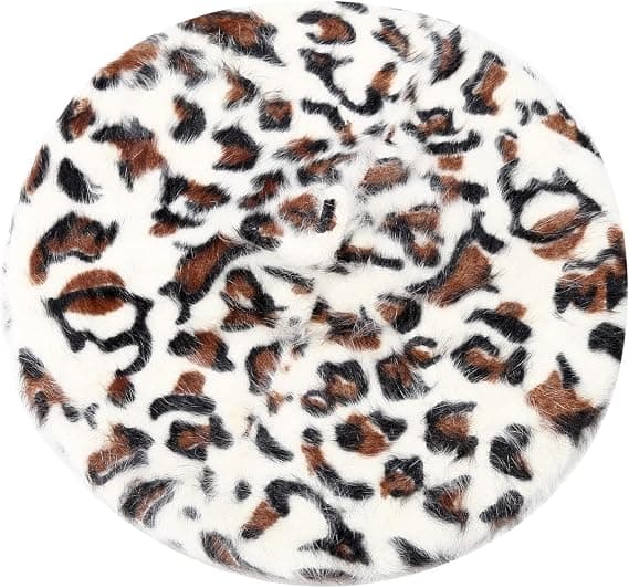 Fluffy Leopard Print Beret Hat Trendy Cheetah Pattern Franske Hatte Vinter Varmt Kunstner Caps til Dame