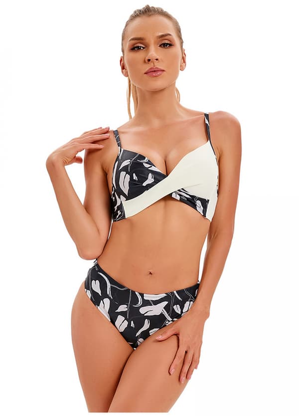Bikini för kvinnor, blommigt tryck, spets, V-ringning, tvådelad baddräkt, vit, 2XL