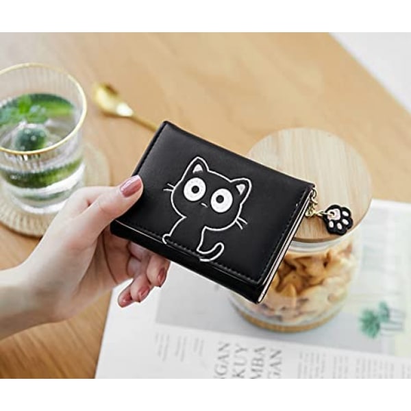 Kawaii plånbok för flickor söt kattklo dragkedja myntväska kort sedelhållare arrangör för kvinnor, katt svart