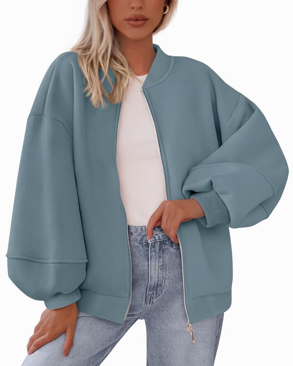 Oversized Sweatshirt med Lynlås, Dame Bomber Jakke Overtøj til Vinter Afslappet Outfit Grey Blue Medium