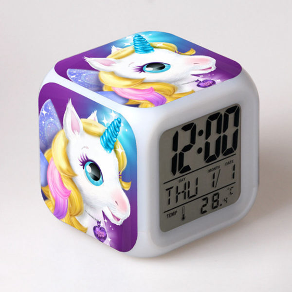 Pojkar Flickväckarklocka, Unicorn Nattljus Barnväckarklocka med 4 sidor Unicorn Mönster 7 typer LED Light Up Wake Up Bedside Clock Gift Unicorn Roo