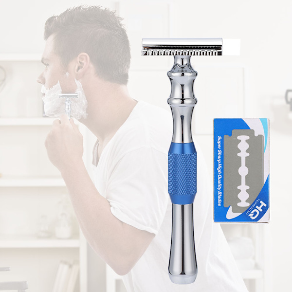 Man Rakning Razor Klassisk Dubbelkant Razor och Bas Säkerhet Rakning (Blå Razor   Blad)