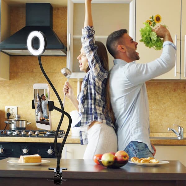 Live Streaming LED-ringlampe Dobbelt farvetemperatur USB-fyldlysstander med klips