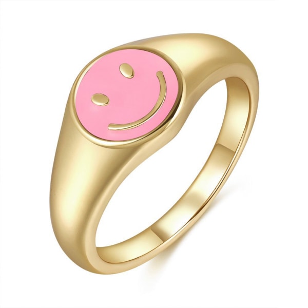 Guld Smiley Face Ring Signet, Vintage Golden Gifts Smycken, Estetisk Söta Smile Statement Ringar för kvinnor tjejer, rosa, storlek: 8