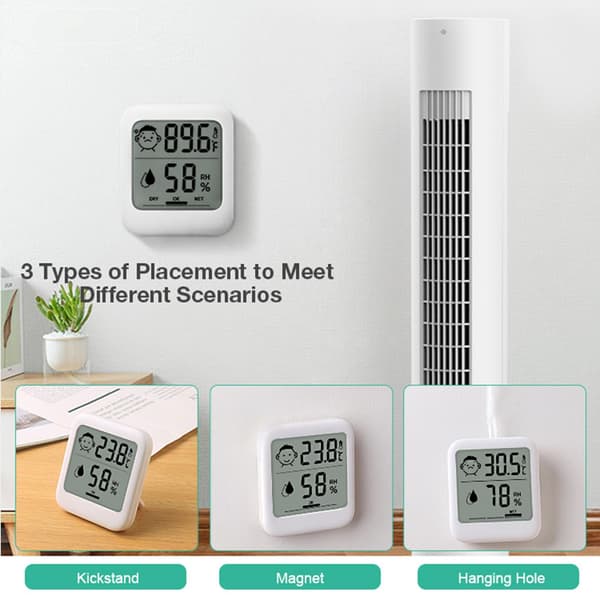 1 stk. Digitalt Termometer Hygrometer med Komfortansigtsdisplay, Multi - Montering (Stativ, Magnet, Ophæng), Simpelt Design til Infektiøs white