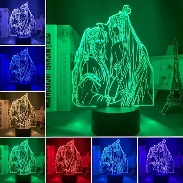 WJ 3D Illusion Lampe Anime Mo Dao Zu Shi LED Natlampe til Børns Soveværelse Dekoration RGB 16 Farver med Fjernbetjening Akryl Farverig Bordlampe