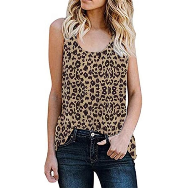 Kvinnor Sommar U-hals Boho- print linne Casual ärmlösa skjortor Camis, brun leopard（2XL）