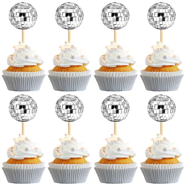 24 stk. sølv mini diskokugle cupcake-toppere, reflekterende diskokugle kagepynt, 70'er retro diskotema dekoration til fødselsdag bryllup an