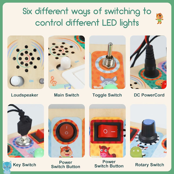 Wdmiya Busy Board Toys for Toddlers, Montessori Toys with 6 Led Light Switch for 1 Year Old, Wooden Piano Busy Board for Toddlers 1