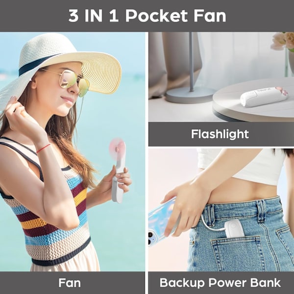 Handhållen Minifläkt, 2000 mAh USB Uppladdningsbar Vikbar Fläkt, 3 i 1 Bärbar Fickfläkt med Powerbank, Ficklampa för Sommar, Resor White