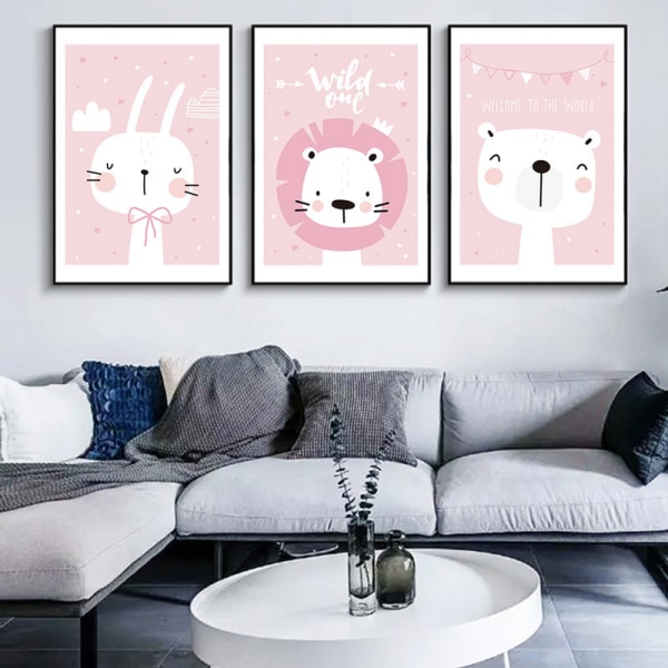 Oinramad 3 set rosa tecknad kanfasmålning Bilder Bedårande print Nordiskt bedårande tecknat djuraffisch Canvas väggkonst Sovrumsdekoration