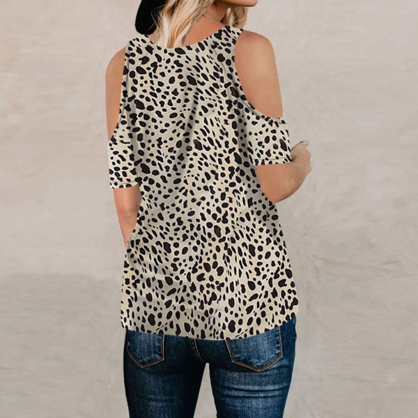 Kvinners T-skjorte Leopard Print Topper Korte Ermer Casual Cold Shoulder Twist Bluser, Apricot (XL)