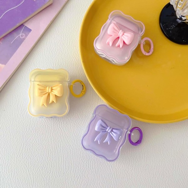 Sødt AirPods 2/1 Generations Gennemsigtigt Etui, Pigeagtigt 3D Sløjfe Design Blød TPU Beskyttende Stødsikker Kawaii Apple iPod 2./1. Generations Cover Bow Yellow+Cleaner Kit