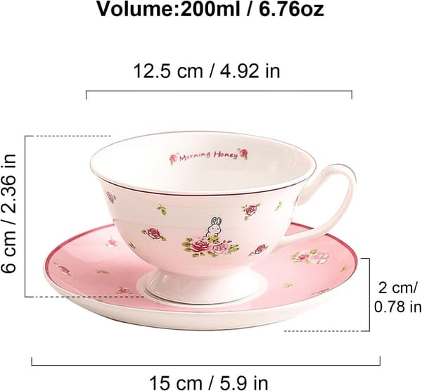 Rose Rabbit Tekop og Underkop Sæt, Sød Pink Keramisk Kaffekrus til Kvinder, Elegant 177ml Blomstret Tekop til Eftermiddagste, Perfekt Gave pink 2