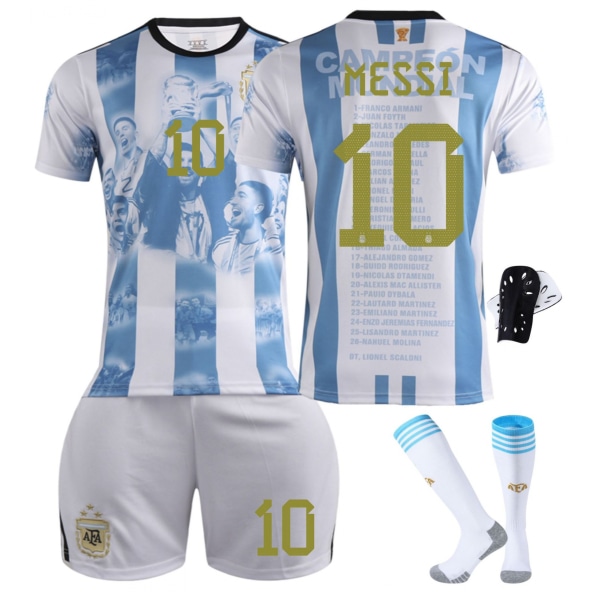 2023-2024 Argentina VM-mästerskapsminnesupplaga Fotbollströja Set med strumpor och knäskydd - Nr 10 MESSI (guld) #28 No.10 MESSI(golld) #28