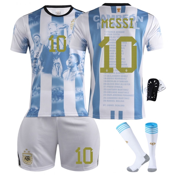 2023-2024 Argentina VM-mesterskab Commemorative Edition Fodbolddragt Sæt med Strømper og Knæbeskyttere - Nr. 10 MESSI (guld) #XS No.10 MESSI(golld) #XS