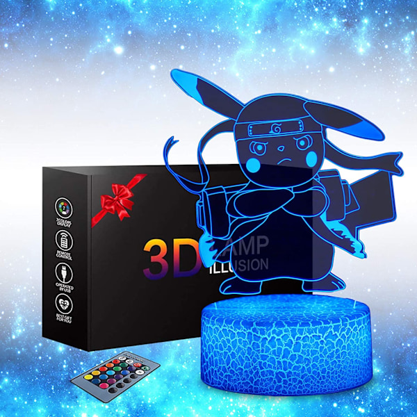 3D Pikachu Anime Lampe - Pikachu Lekefargede Dekorlampe med Fjernkontroll & Smart Berøring, Jule- og Bursdagsgaver for Pikachu-Fans
