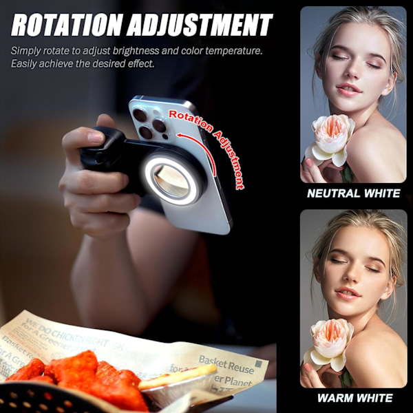 Magnetisk Selfie Ring Light, Genopladelig LED Udfyldningslys, Snap Grip med Trådløs Bluetooth Fjernbetjening til iPhone, Smartphone Kamera