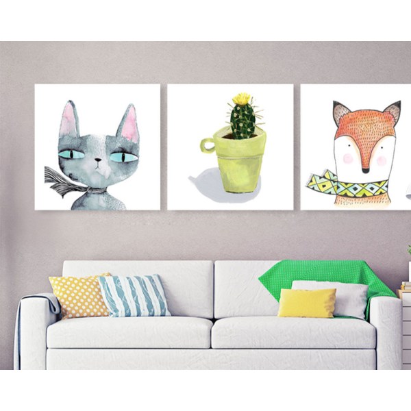 Räv och katt väggkonst Canvas print affisch, enkel söt akvarell konst ritning dekor (set med 3 oinramade, 6''x8'')