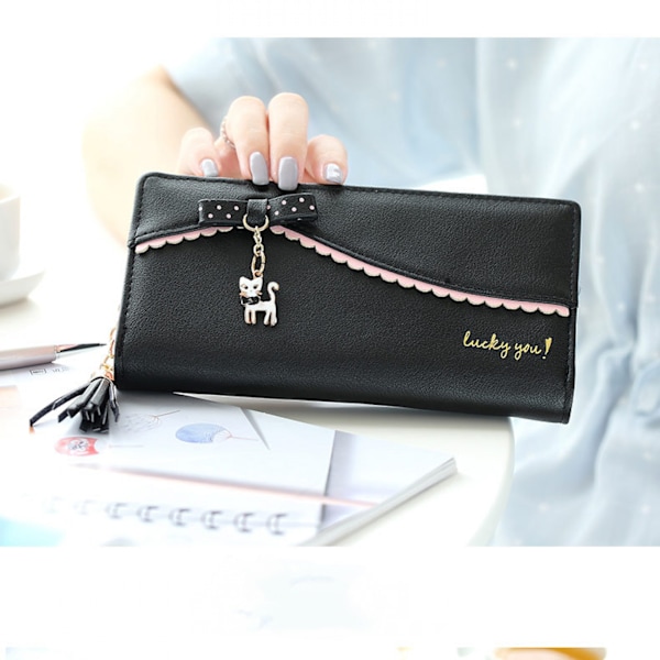 Dame Lang Pung PU Læder Clutch 5.5\" Telefon Etui 12 Kortpladser Holder Lynlås Lommepung Sort