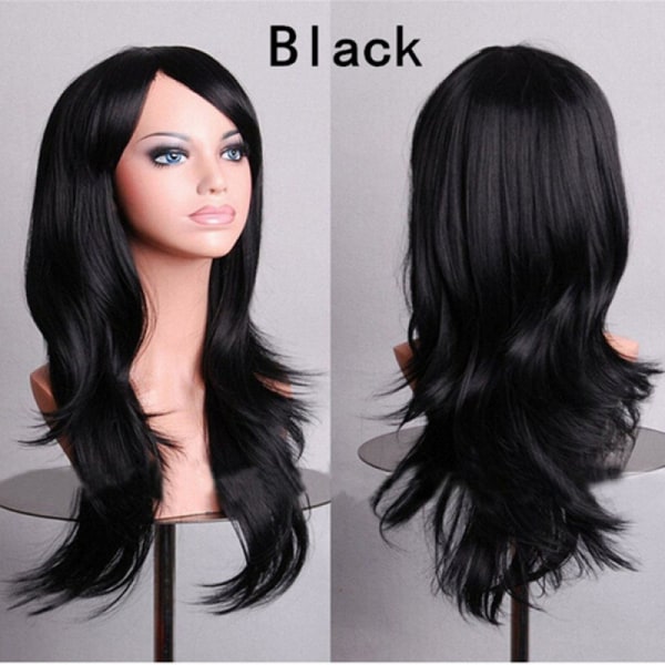28" 70 cm modeperuker Långt vågigt lockigt hår Cosplay Peruk & Peruk Cap (svart)