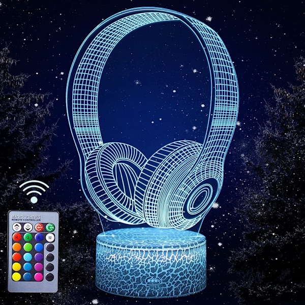 3D Headset Nattlampa, LED Optisk Illusionlampa USB-driven 16 Färger Stämningsbelysning med Fjärrkontroll Bästa Presenten för Musik