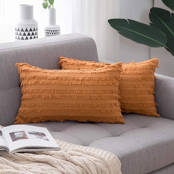 Set med 2 dekorativa Boho-kuddfodral i linne med randigt jacquardmönster, kuddfodral för soffa, vardagsrum, sovrum, 12x20 tum, orange