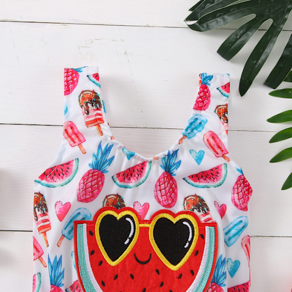 Flickor Strandkläder Vattenmelon Full Print Ärmlös En Delig Baddräkt --- Röd （Storlek 120）