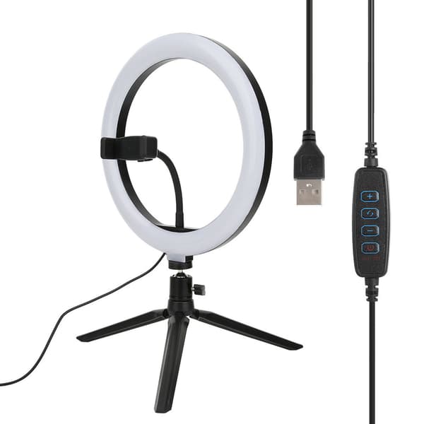 Plastik 10 tommer USB-ringfyldlys-sæt med slange, mobiltelefonclips, bordstativ til live-udsendelse og makeup