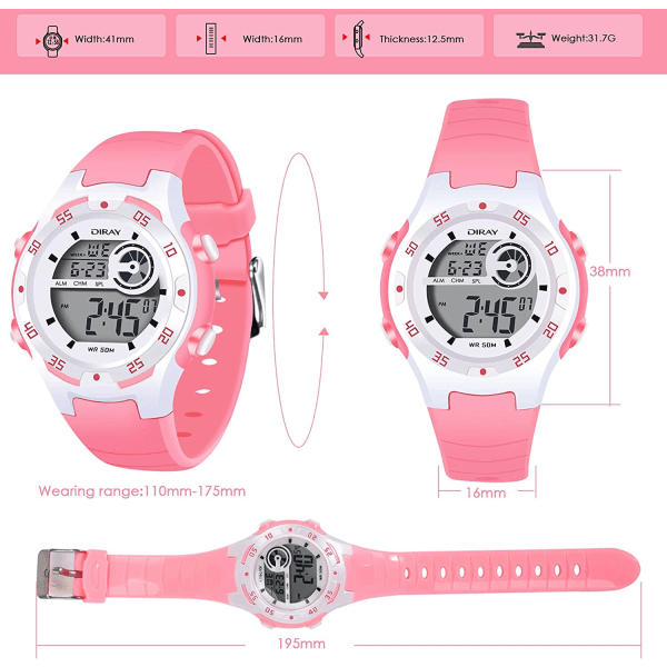 Watch Digital watch Pojkar och flickor Watch utomhusklocka Alarm Stoppur Watch 5-10 år gammal (rosa)