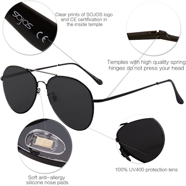 Klassiska Aviator Solglasögon för Kvinnor Män Metallram Fjädergångjärn SJ1030 (svart)